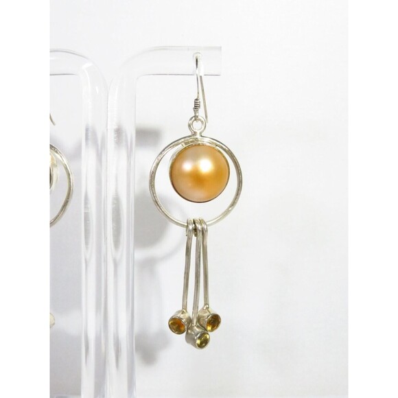 Modernist Pearl Dangling Earring Set Colored Glass Stones Sterling Silver - Picture 5 of 8